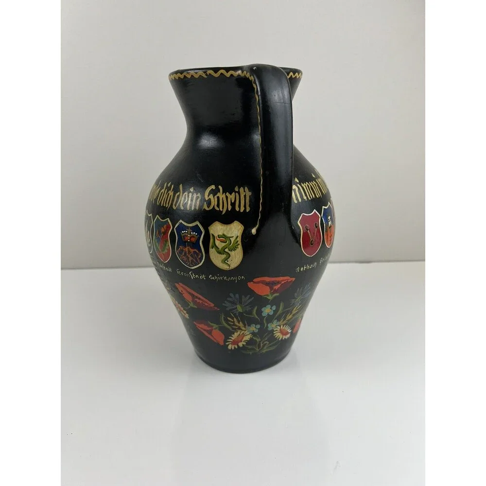 Vintage Double Handled Black Pottery Vase Made In Germany Handpainted Vase